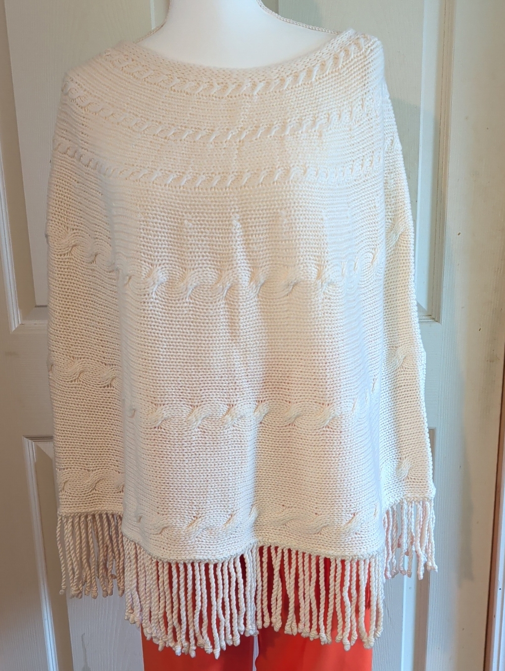 Lands' End Cream Cable-Knit Fringe Poncho